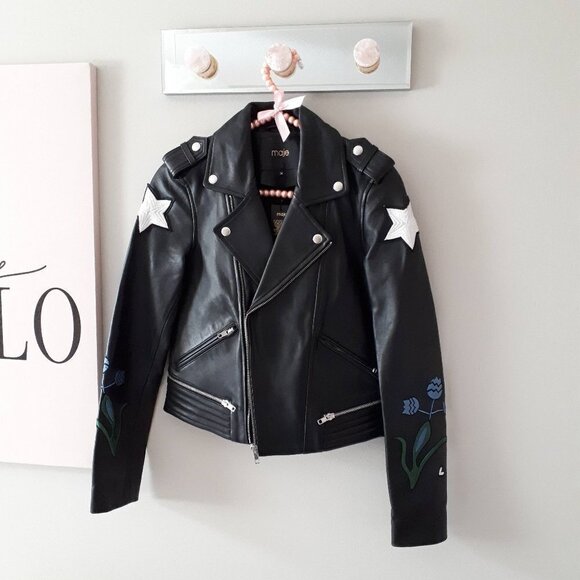 NWT Maje black leather patch embroidered “Dream Tomorrow” moto biker jacket, S - Picture 10 of 15